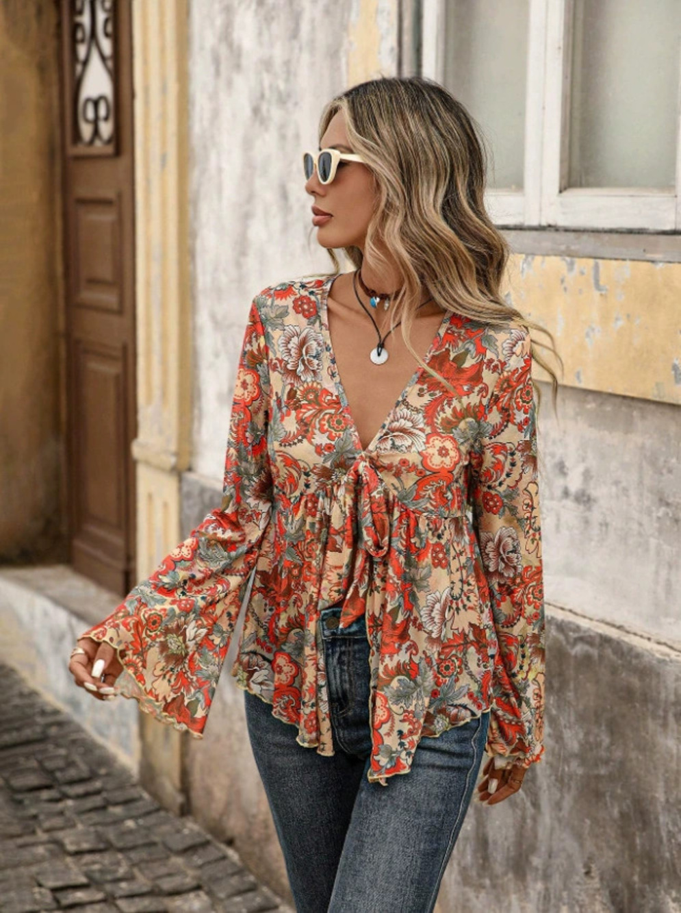 Zara Printed Fitted Flared Sleeve Blouse Spring Summer Fall